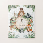 Monogramm niedlicher Personalisierter Waldtiere Puzzle<br><div class="desc">Dieses bezaubernde Design besticht durch eine Gruppe niedlicher Waldtiere und eine rustikale botanische Vegetation in Aquarellen. Personalisieren Sie es mit dem Namen Ihres Kindes,  indem Sie auf "Personalisieren" klicken.</div>