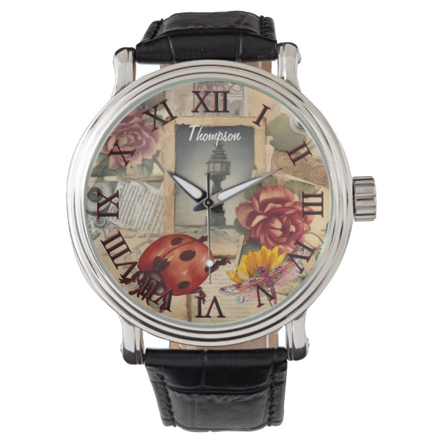 Monogramm niedlicher roter Ladybug Rustikales Vint Armbanduhr (Vorderseite)