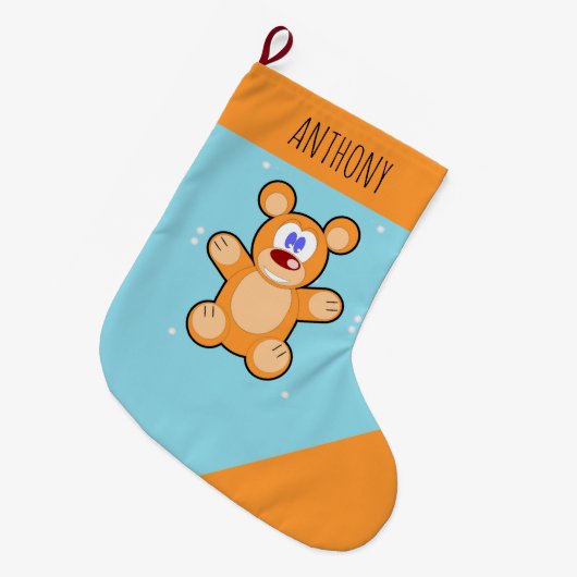 Monogramm niedlicher Teddybär auf blau Großer Weihnachtsstrumpf (Vorderansicht (hängend))