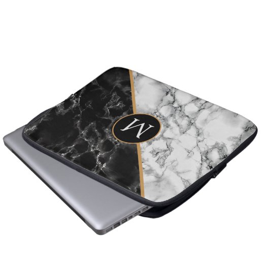 Monogramm Notebook-Sieb Schwarz-weißer Marmorstein Laptopschutzhülle (Vorne Knopf)