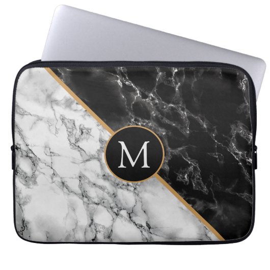 Monogramm Notebook-Sieb Schwarz-weißer Marmorstein Laptopschutzhülle (Vorderseite)