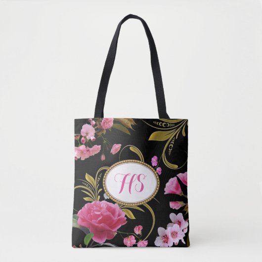 Monogramm-oder Gewohnheits-Text-Rosa-Blumen Tasche (Vorderseite)