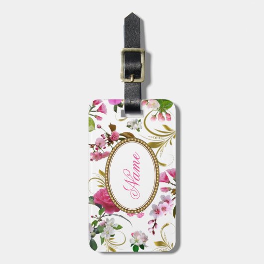 Monogramm-oder Name-rosa Blumen Gepäckanhänger (Vorderseite vertikal)