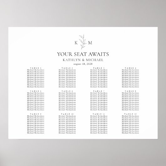 Monogramm Olivenblatt Hochzeit 12 Tabelle Sitzplan Poster (Vorne)