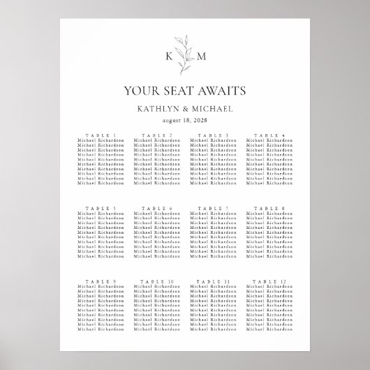 Monogramm Olivenblatt Hochzeit 12 Tabelle Sitzplan Poster (Vorne)