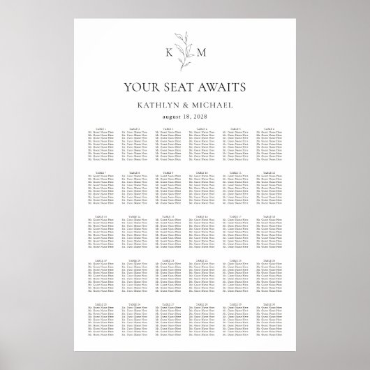 Monogramm Olivenblatt Hochzeit 30 Tafelsitzdiagram Poster (Vorne)