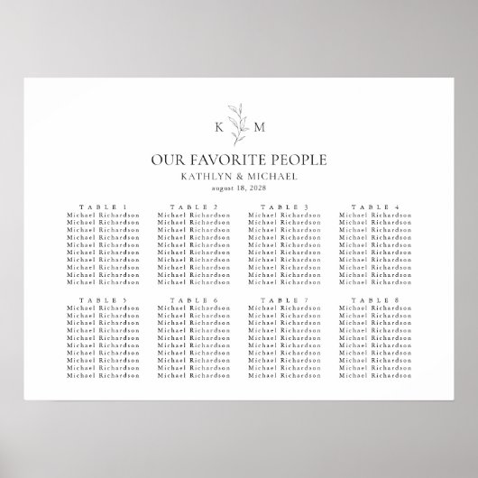 Monogramm Olivenblatt Hochzeit 8 Tischkarten Poster (Vorne)