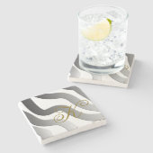 Monogramm ombre gold-graue Linie abstrakt Steinuntersetzer (Seitenansicht)