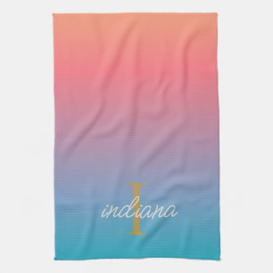 Monogramm Orange Blau Ombre Moderne Schrift Name Geschirrtuch
