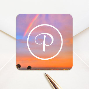 Monogramm Orange Blaue Sonnenuntergangs-Regenbogen Quadratischer Aufkleber
