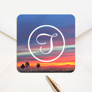 Monogramm orange blaue Wolken Sonnenuntergang Foto Quadratischer Aufkleber