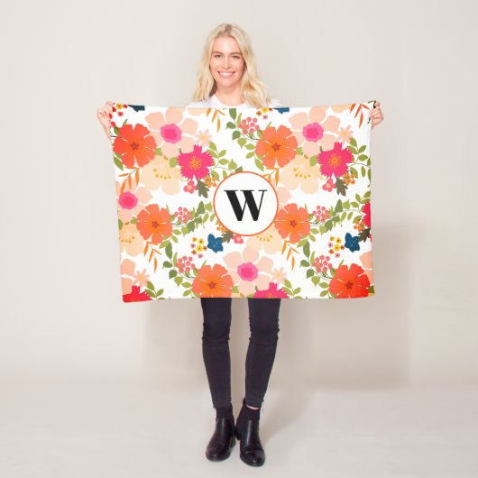 Monogramm Orange Floral Botanisches Fleece Blanken (Beispiel)