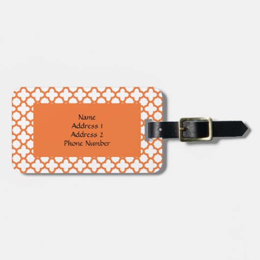 Monogramm Orange Quatrefolienmuster Gepäckanhänger (Vorderseite horizontal)