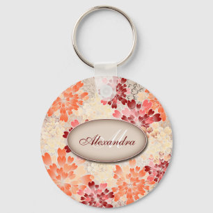 Monogramm-orange Rot u. SahneBlumen Retro Schlüsselanhänger
