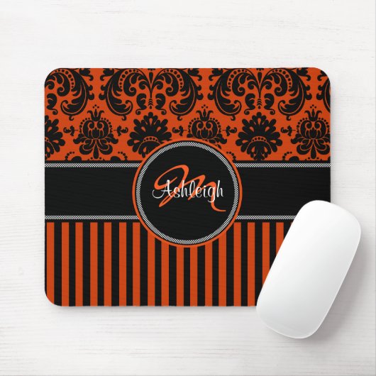 Monogramm-orange Schwarz-weißer Streifen-Damast Mousepad (Mit Mouse)