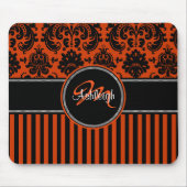Monogramm-orange Schwarz-weißer Streifen-Damast Mousepad (Vorne)