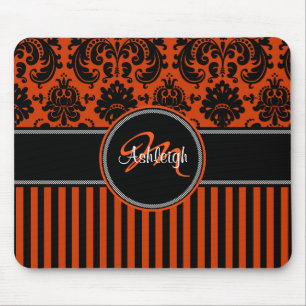 Monogramm-orange Schwarz-weißer Streifen-Damast Mousepad