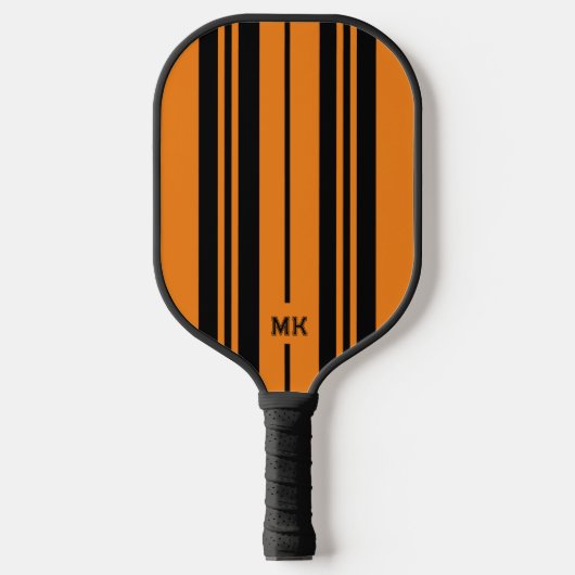Monogramm Orange und schwarze Streifen Pickleball Schläger (Vorderseite)