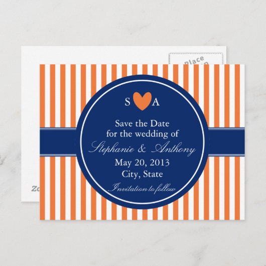Monogramm Orange und weiße Streifen mit Royal Blue Ankündigungspostkarte (Vorne/Hinten)
