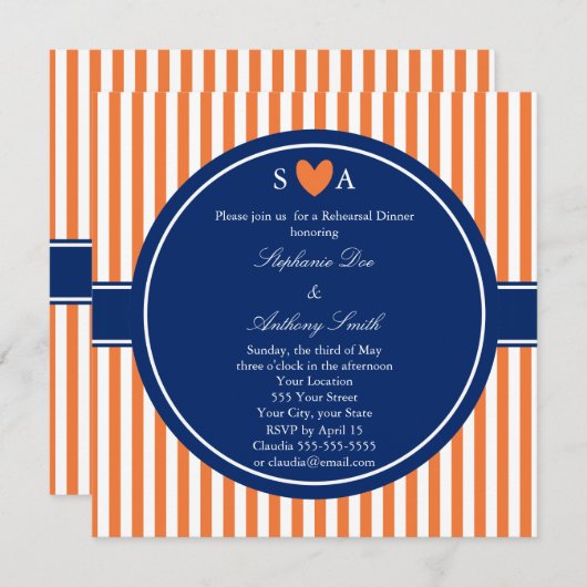 Monogramm Orange und weiße Streifen mit Royal Blue Einladung (Vorne/Hinten)