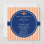 Monogramm Orange und weiße Streifen mit Royal Blue Einladung (Vorderseite)