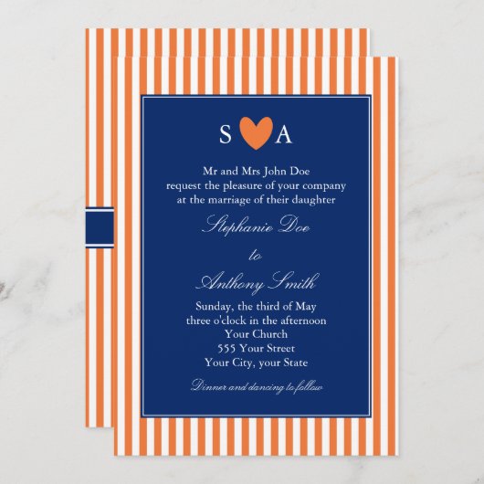 Monogramm Orange und weiße Streifen mit Royal Blue Einladung (Vorne/Hinten)