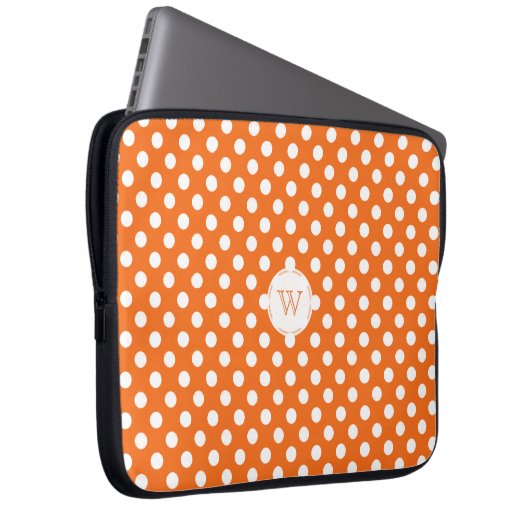 Monogramm-orange und weiße Tupfen-Laptop-Hülse Laptopschutzhülle (Vorne Rechts)