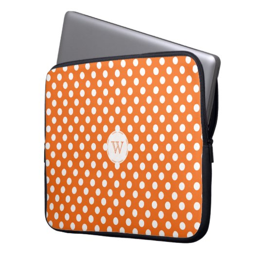 Monogramm-orange und weiße Tupfen-Laptop-Hülse Laptopschutzhülle (Vorderseite Links)