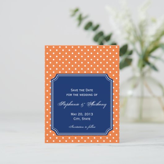 Monogramm Orange, weißer Polka Dot mit Royal Blue Ankündigungspostkarte (Stehend Vorderseite)