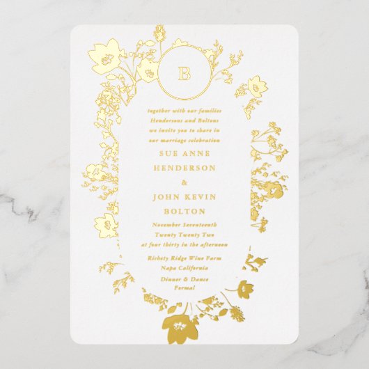 Monogramm Oval getrocknete Wildblume Folieneinladung (Vorderseite)