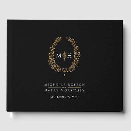 Monogramm ovale Blätter Herz Schwarz-weiß Hochzeit Gästebuch (Vorderseite)