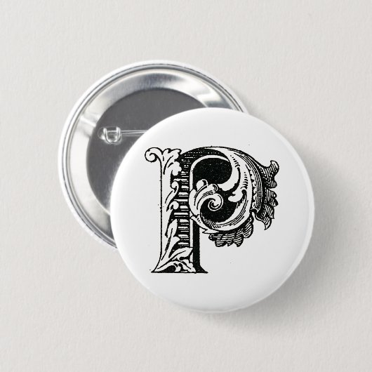 Monogramm P, Buchstabe P, Alphabet P, Schwarz und Button (Vorne & Hinten)