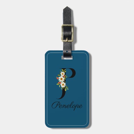 Monogramm P-Kobalt-Aquarell-Blume Gepäckanhänger (Vorderseite vertikal)
