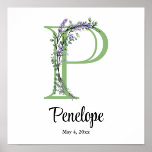 Monogramm P Lavendel-Eukalyptus-Kinderzimmerplakat Poster