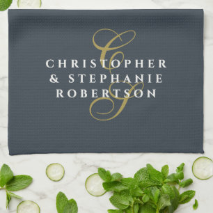 Monogramm-Paar Navy Blau Gold Weiß Minimalistisch Geschirrtuch