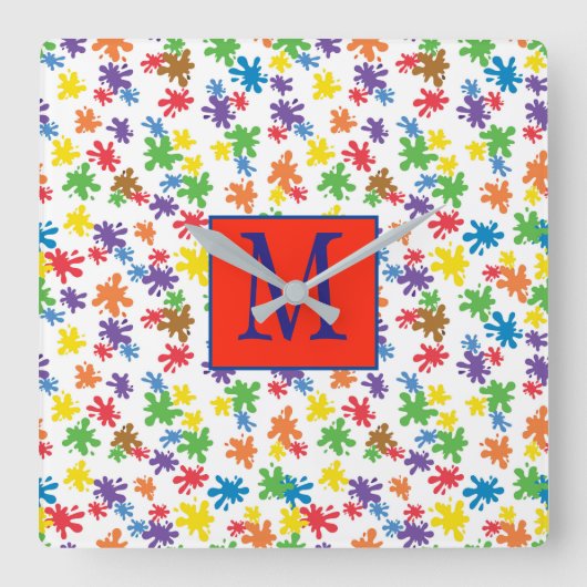 Monogramm Paint-Spritzer Quadratische Wanduhr (Vorderseite)