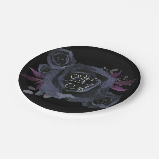 Monogramm-Papierplatte der schwarzen Rose Pappteller (Schrägansicht)
