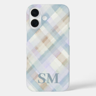 Monogramm Pastell Karo Blau Lila Beige Aquarell iPhone 16 Hülle
