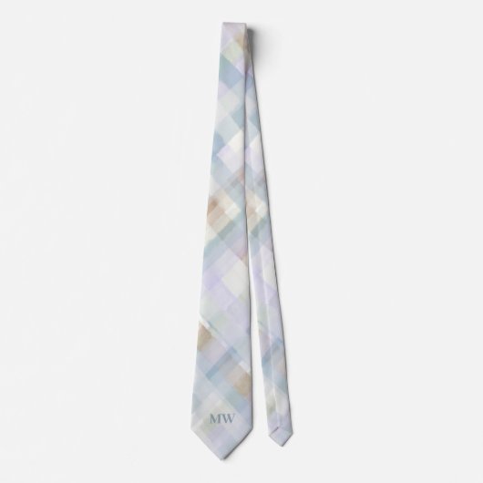 Monogramm Pastell Karo Tartan Puderblau Creme Krawatte (Vorderseite)