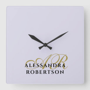 Monogramm Pastell-Lila Gold Schwarz Minimalistisch Quadratische Wanduhr
