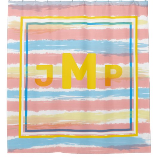 Monogramm Pastellfarben Rosa Gelbe Streifen Duschvorhang (Vorderseite)