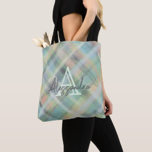 Monogramm Pastellgelb, kariert, grau, aquamarin Tasche