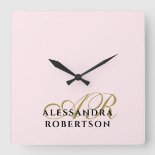 Monogramm Pastellrosa Gold Schwarz Minimalistisch  Quadratische Wanduhr