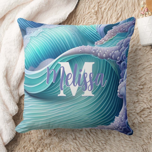 Monogramm Pastelmeerwellen Kissen (Decke)