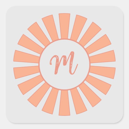 Monogramm Peach Gray Sun Strahlen Initial "M" Quadratischer Aufkleber (Vorderseite)