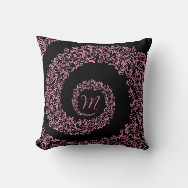 Monogramm Peach und Black Damask Kissen (Vorderseite)