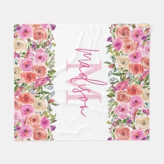 Monogramm | Personalisiere | Aquarell | Floral Fleecedecke (Vorderseite (Horizontal))