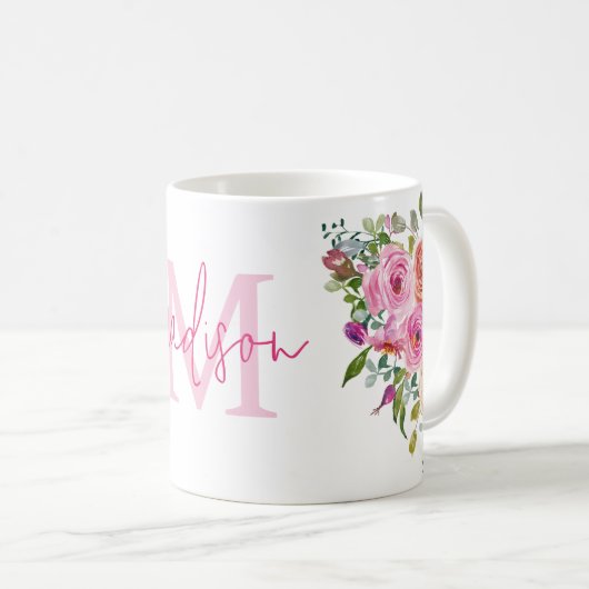 Monogramm | Personalisiere | Aquarell | Floral Kaffeetasse (VorderseiteRechts)