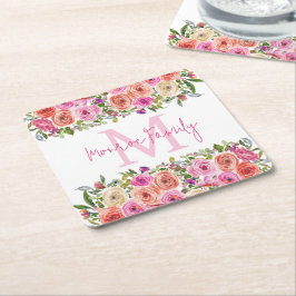 Monogramm | Personalisiere | Aquarell | Floral Rechteckiger Pappuntersetzer