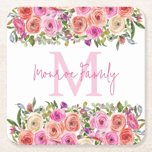 Monogramm | Personalisiere | Aquarell | Floral Rechteckiger Pappuntersetzer (Vorderseite)